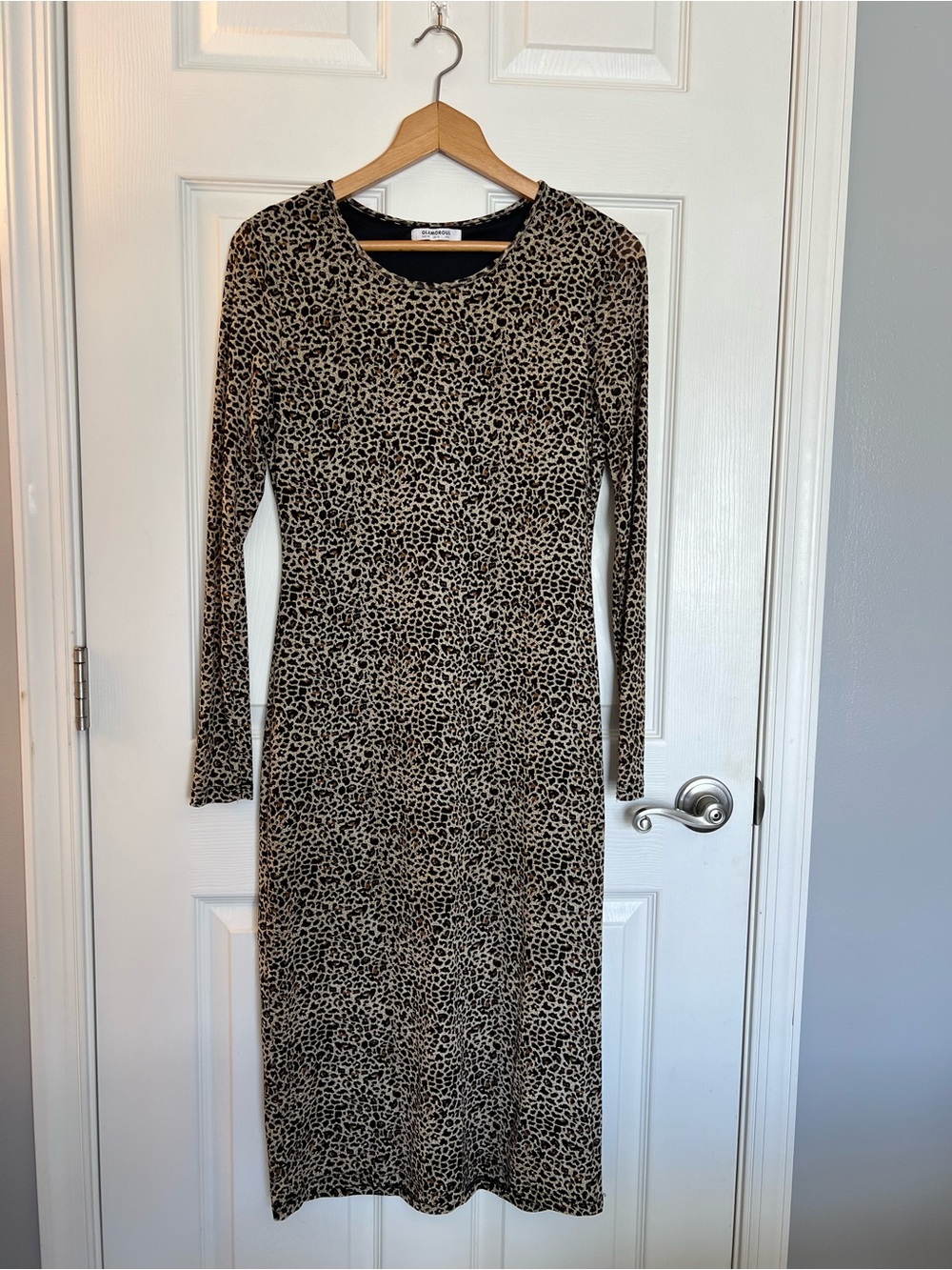 Glamorous Beige and Black Leopard Print Long Sleeve Midi Dress
